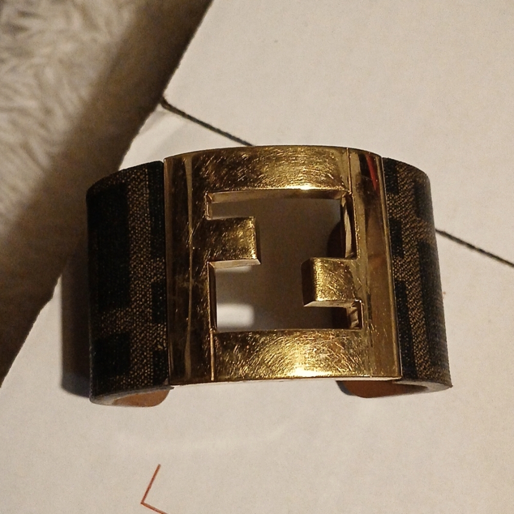 Fendi Zucca canvas gold tone cuff bracelet